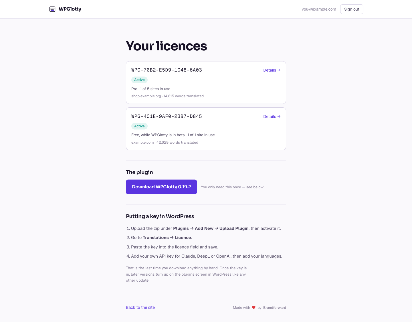 The account dashboard, showing two licences and the plugin download