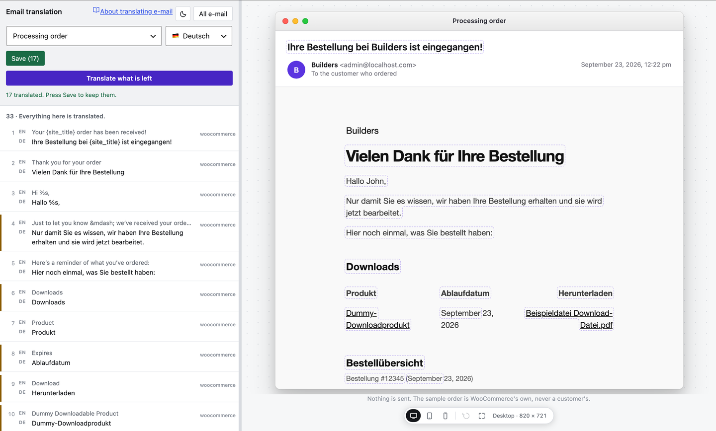 A processing order e-mail open in German, with the lines on the left and the rendered mail on the right