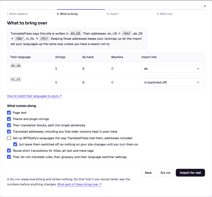 The second step, with a language table and a list of what to bring over