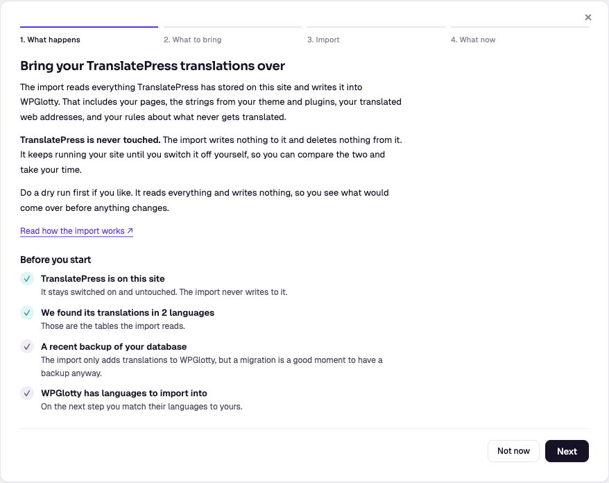 The first step of the import wizard, with four numbered steps and a checklist