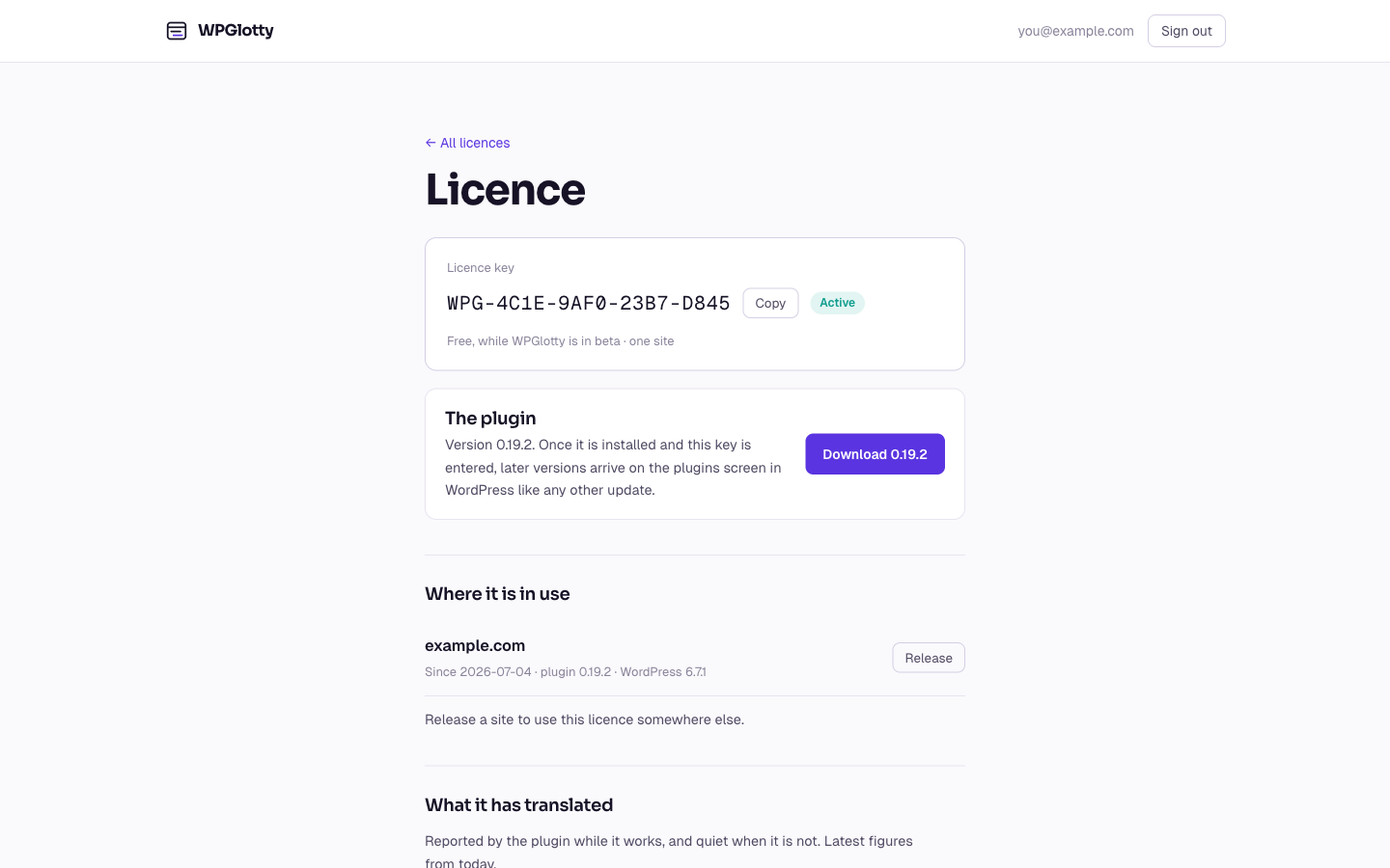 A licence page listing one active site with a release button